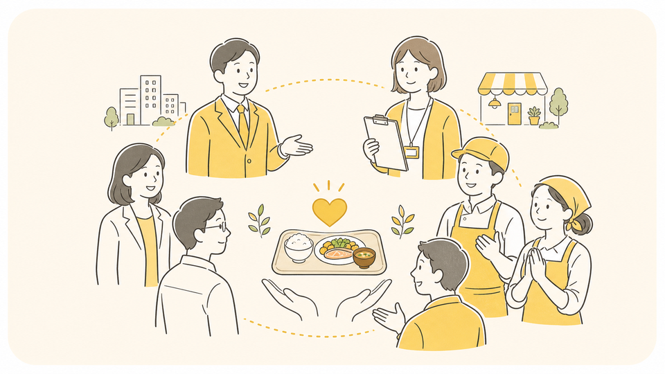 飲食企業、自治体、企業・団体、NPOが仲間として支援に関わるイラスト